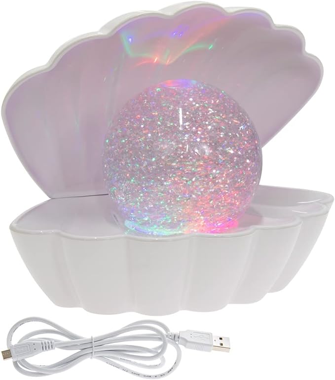 Seashell mood lamp with glowing glitter pearl ball on USB power