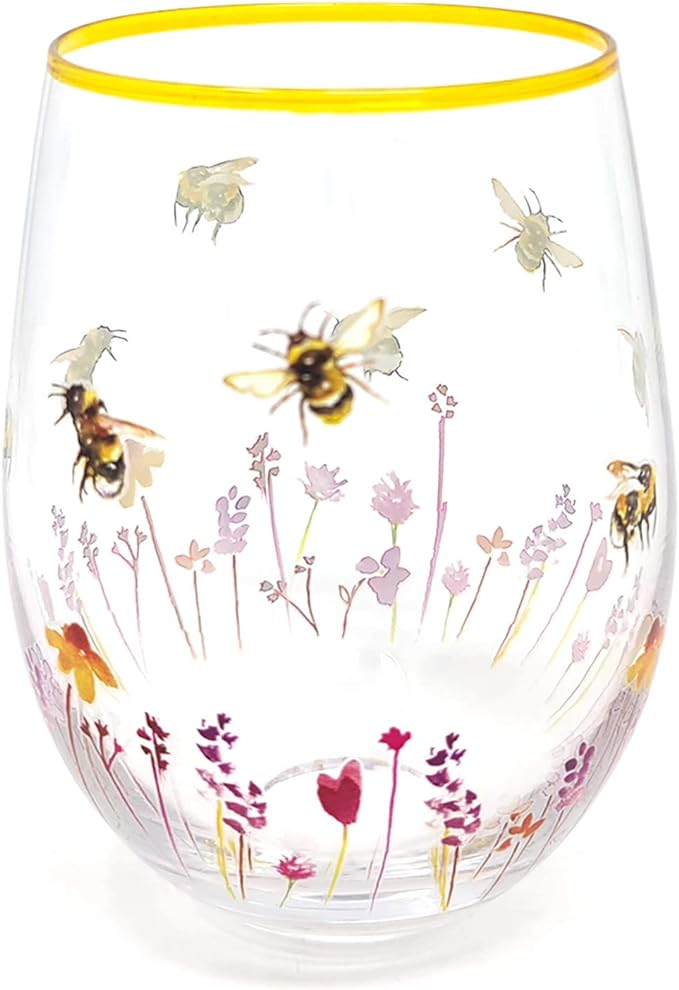 Close-up of the 400ml stemless glass featuring bees and wildflower pattern