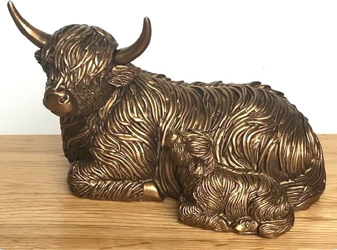 Laying Highland Cow Mother & Calf Figurine