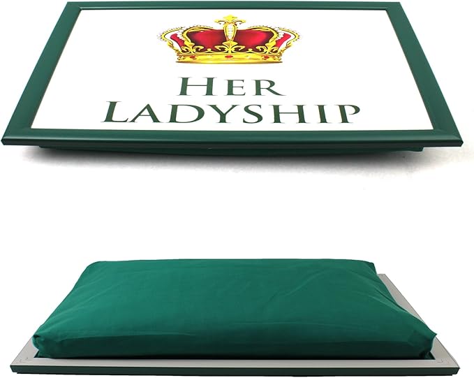 Her Ladyship cushioned lap tray with crown design and green frame