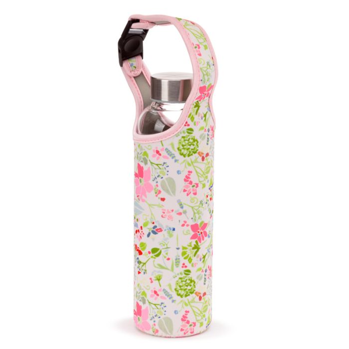 Julie Dodsworth Pink Botanical Glass Water Bottle with Protective Sleeve