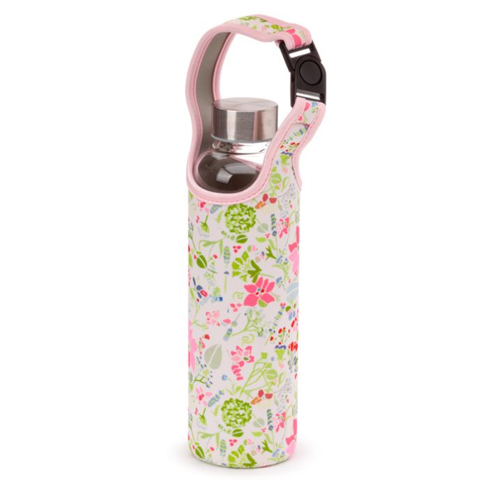 Julie Dodsworth Pink Botanical Glass Water Bottle with Protective Sleeve