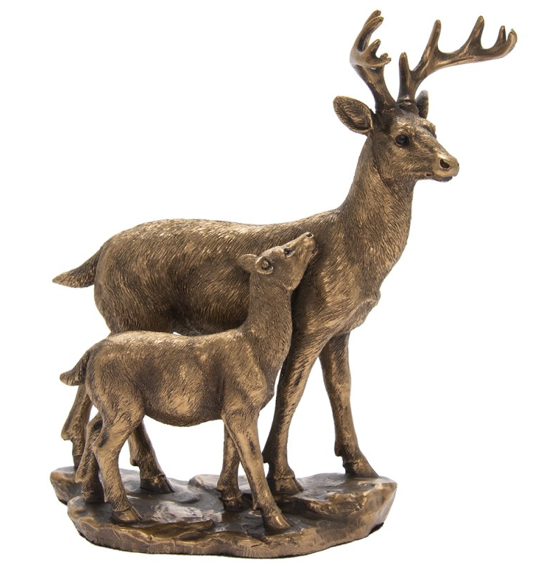 Front-facing view of bronzed stag and fawn ornament on plain white background – decorative wildlife sculpture from The Leonardo Collection.