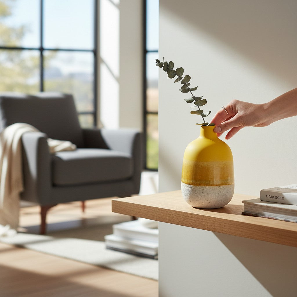 Sass and Belle Mojave Glaze Yellow stoneware vase with matte reactive glaze ombre finish decorative flower vase