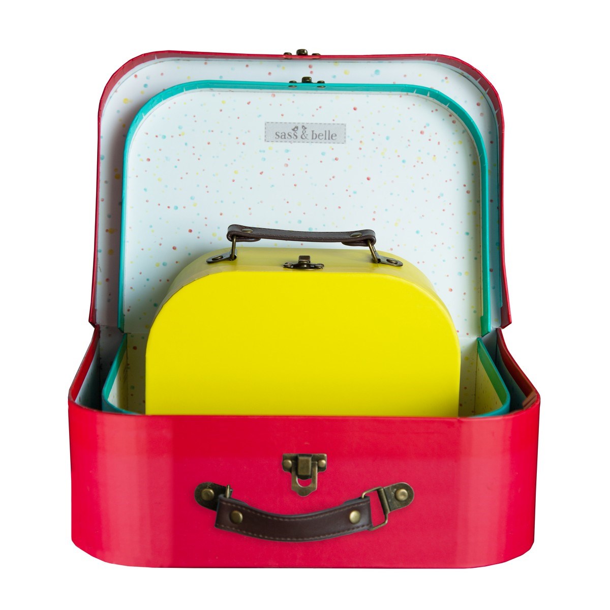 Nested cardboard vintage suitcases red yellow blue Sass and Belle