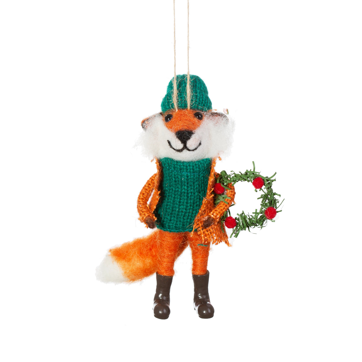 Green Fox with Wreath Felt Decoration