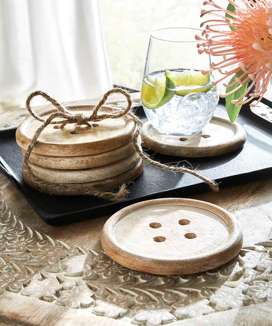 Sass & Belle Wooden Brown Button Coasters Set of 6