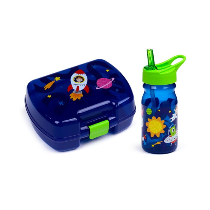Space-themed lunch set with blue and galaxy design – front view