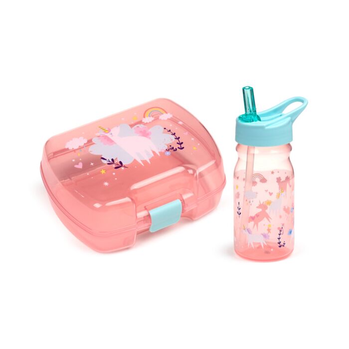 Open view of lunchbox and bottle set – unicorn design with blue lid