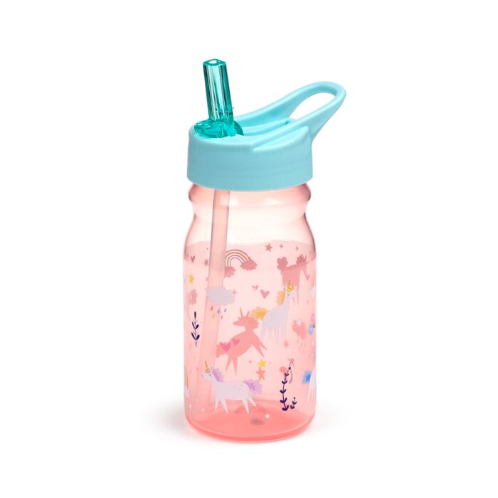 Close-up of unicorn water bottle with straw and colourful characters