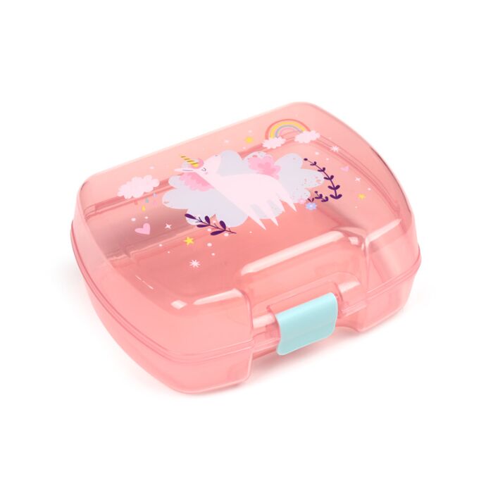 Unicorn lunchbox with pastel rainbow and cloud pattern – pink with snap lid