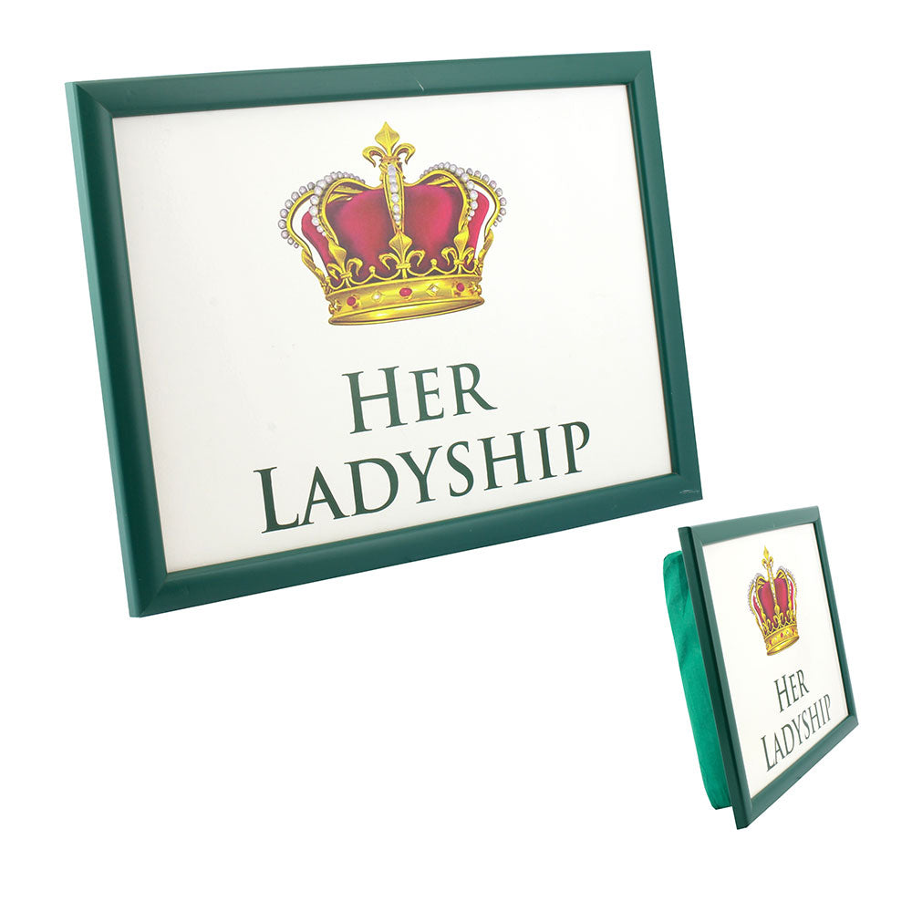 Her Ladyship lap tray showing green beanbag cushion base