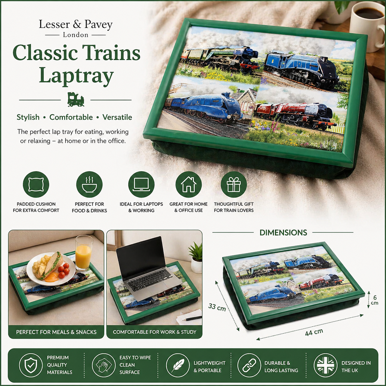 Lesser and Pavey Classic Trains lap tray with cushion bean bag base