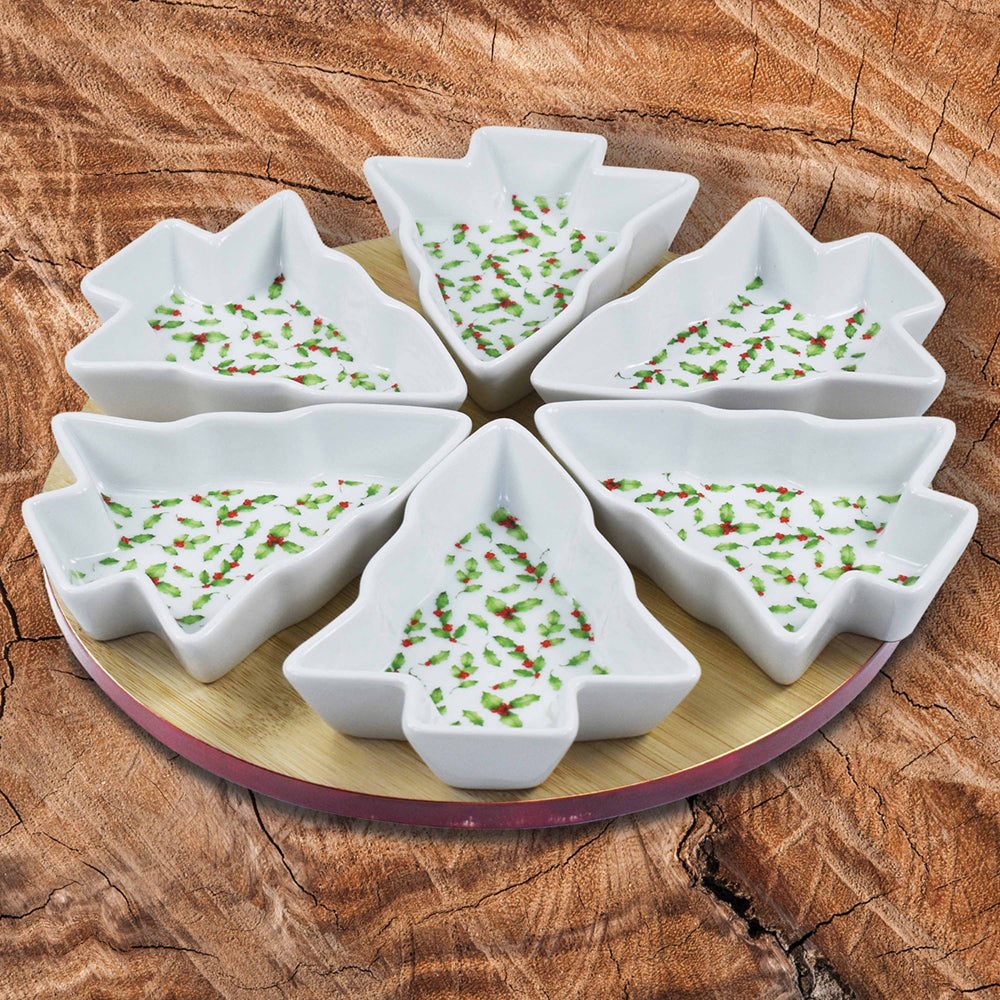 Christmas Tree Shape 6 Ceramic Snacks Bowls on Round Tray Board
