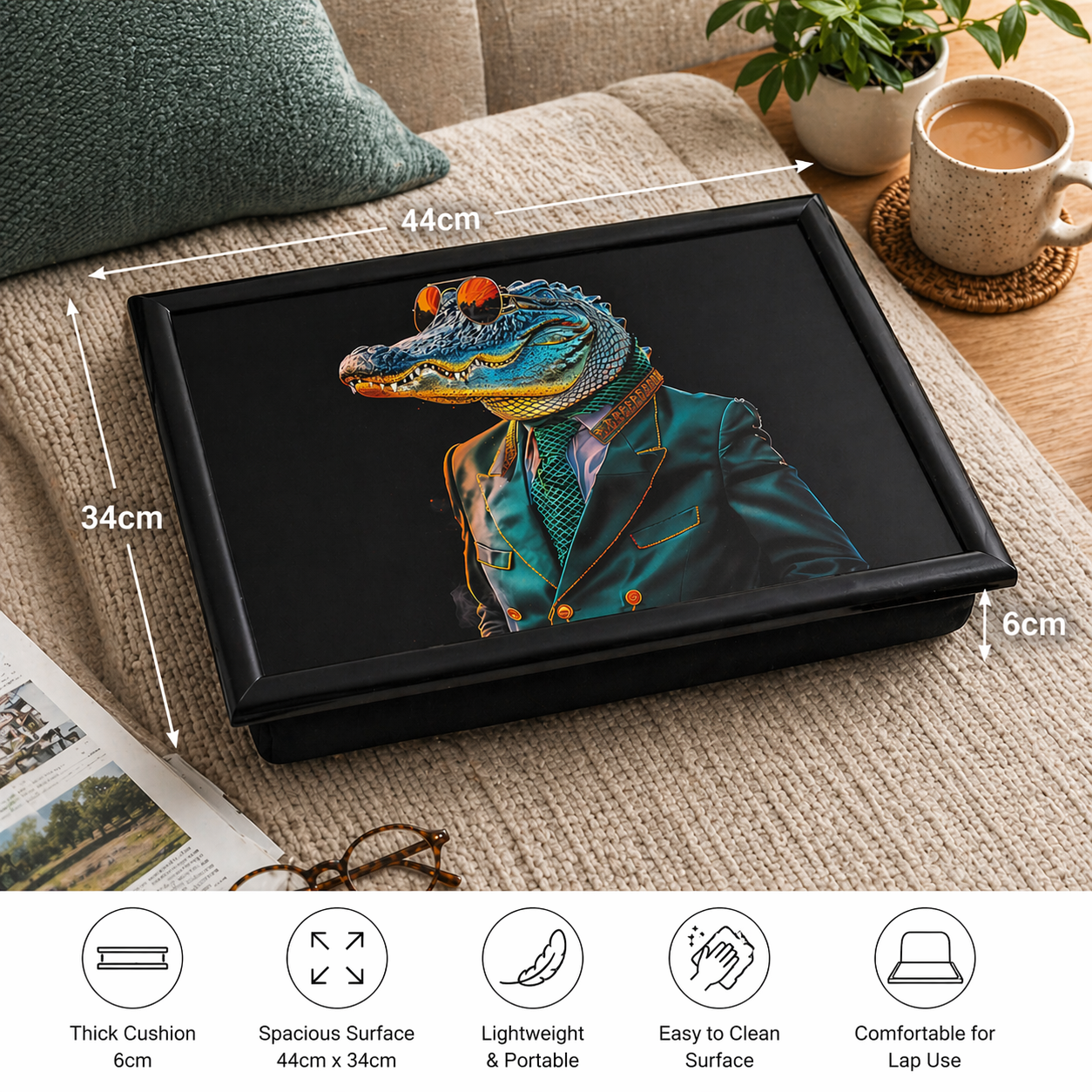 Cushioned crocodile lap tray for meals and laptop use