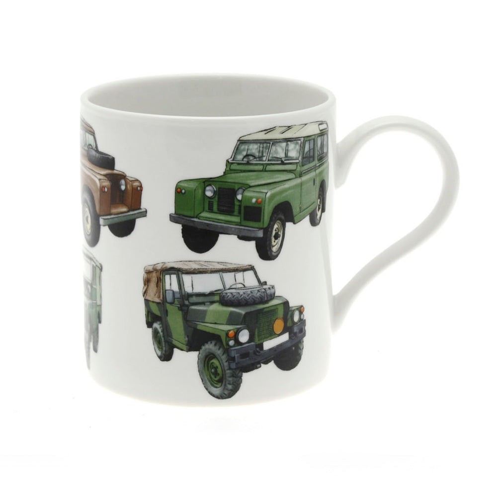 Fine China 4x4 Land Rover Mug – green and brown car illustrations.