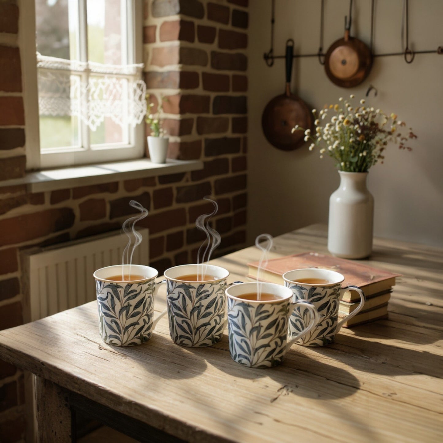 Set of 4 William Morris Willow Bough fine china mugs on a wooden table