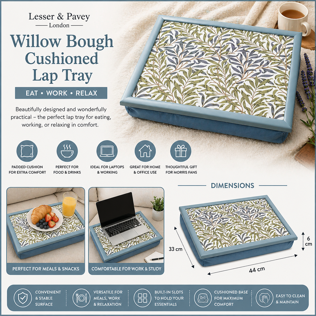 Cushioned breakfast tray with William Morris leafy design