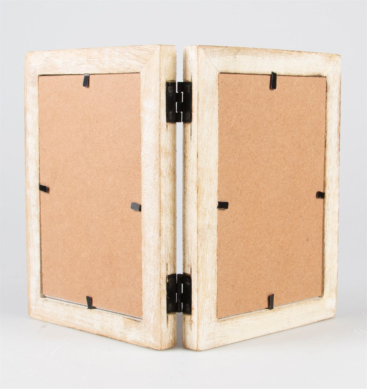 Back of wooden frame showing secure clips and hinge structure