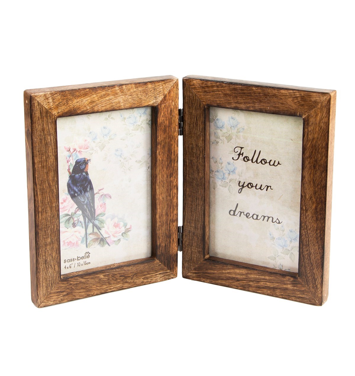 Front view of Sass and Belle Double Dark Brown Wood Photo Frame with decorative inserts