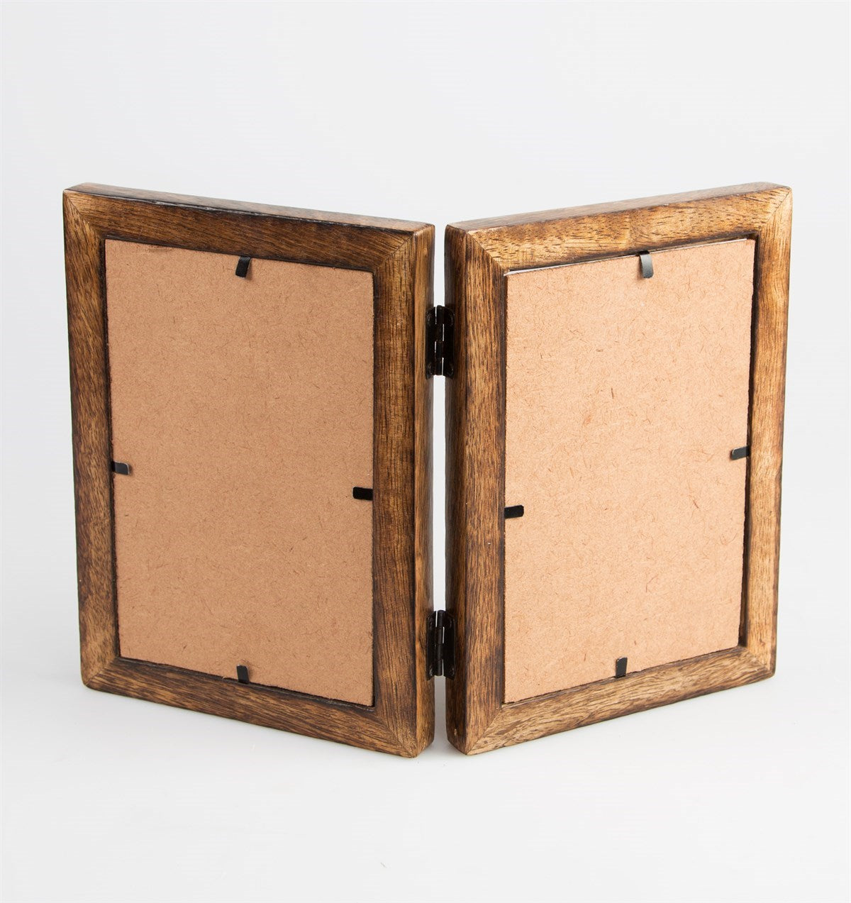 Back view showing photo access and hinge mechanism of the double wood frame
