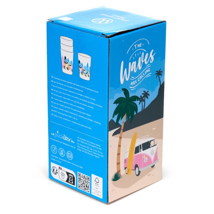 VW-themed printed box packaging for 4-piece reusable picnic cup set back end