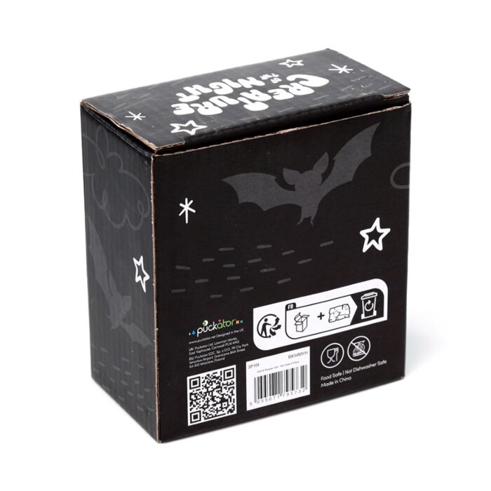 Box back view of Puckator Bat Salt & Pepper Set with care instructions