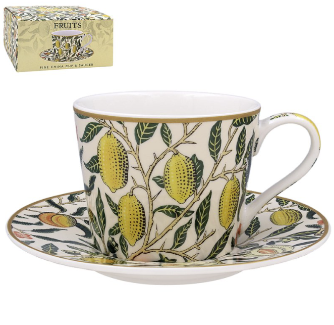 William Morris Fruits coffee cup and saucer set on white background, fine china with heritage botanical artwork.