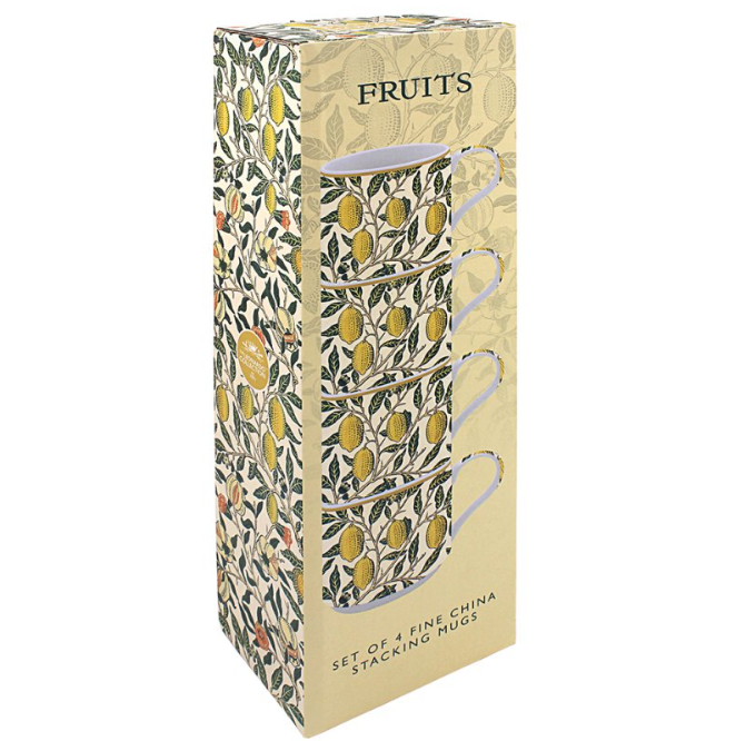 Gift boxed William Morris Fruits stacking mugs set of 4 from The Leonardo Collection