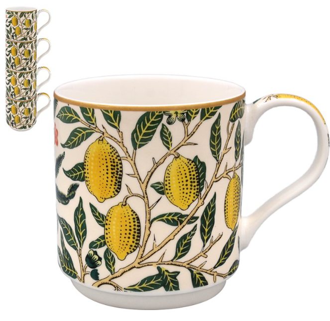 Close-up of a single William Morris Fruits mug with lemon branch artwork, fine china by The Leonardo Collection