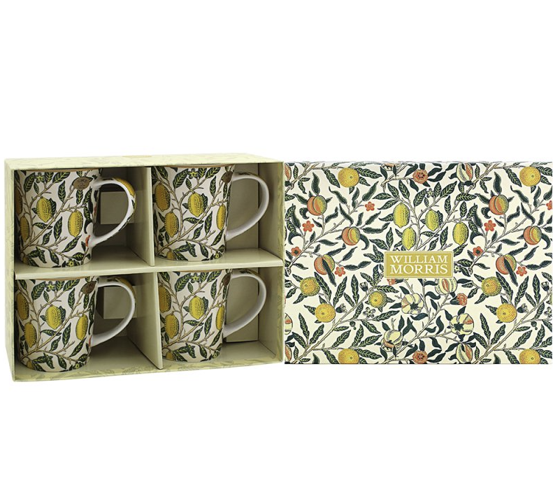 Open gift box showing four fine china mugs in William Morris Fruits print
