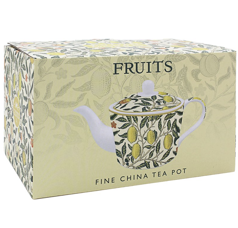 Gift box featuring William Morris Fruits design for teapot packaging