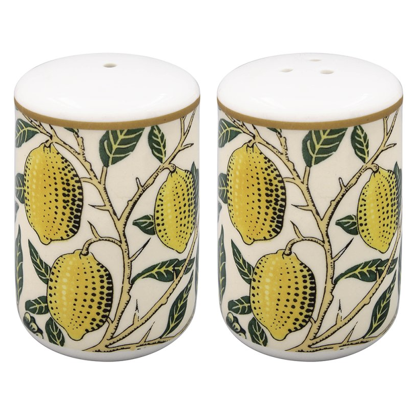Close-up of the ceramic salt and pepper shakers with botanical fruit artwork