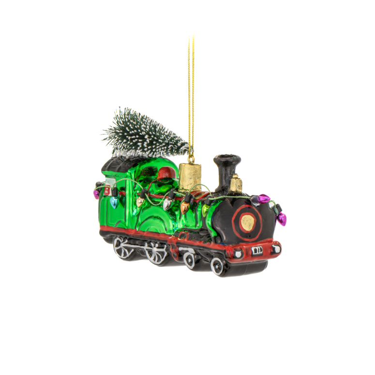Festive Train-Shaped Glass Bauble with Tree Top Detail – Sass & Belle Christmas Decoration