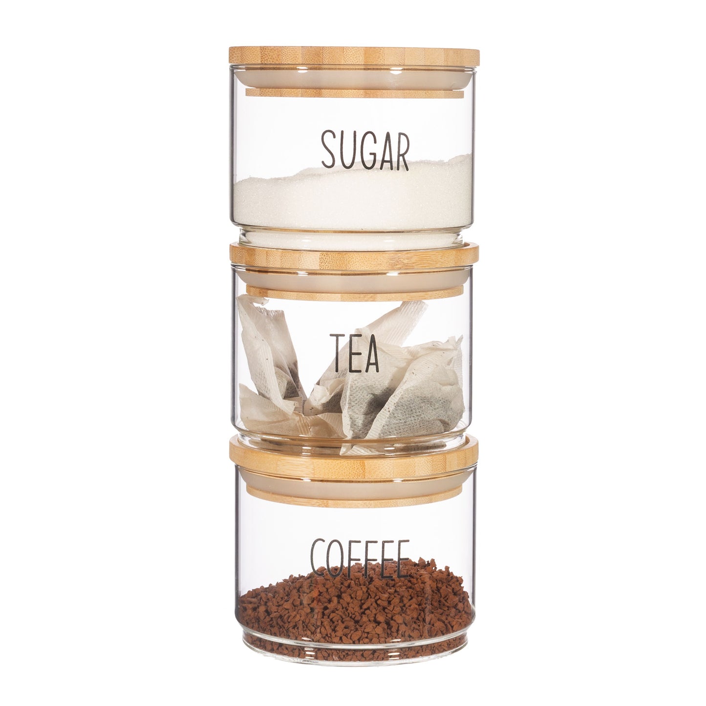 Tea, coffee, and sugar jars filled and stacked neatly