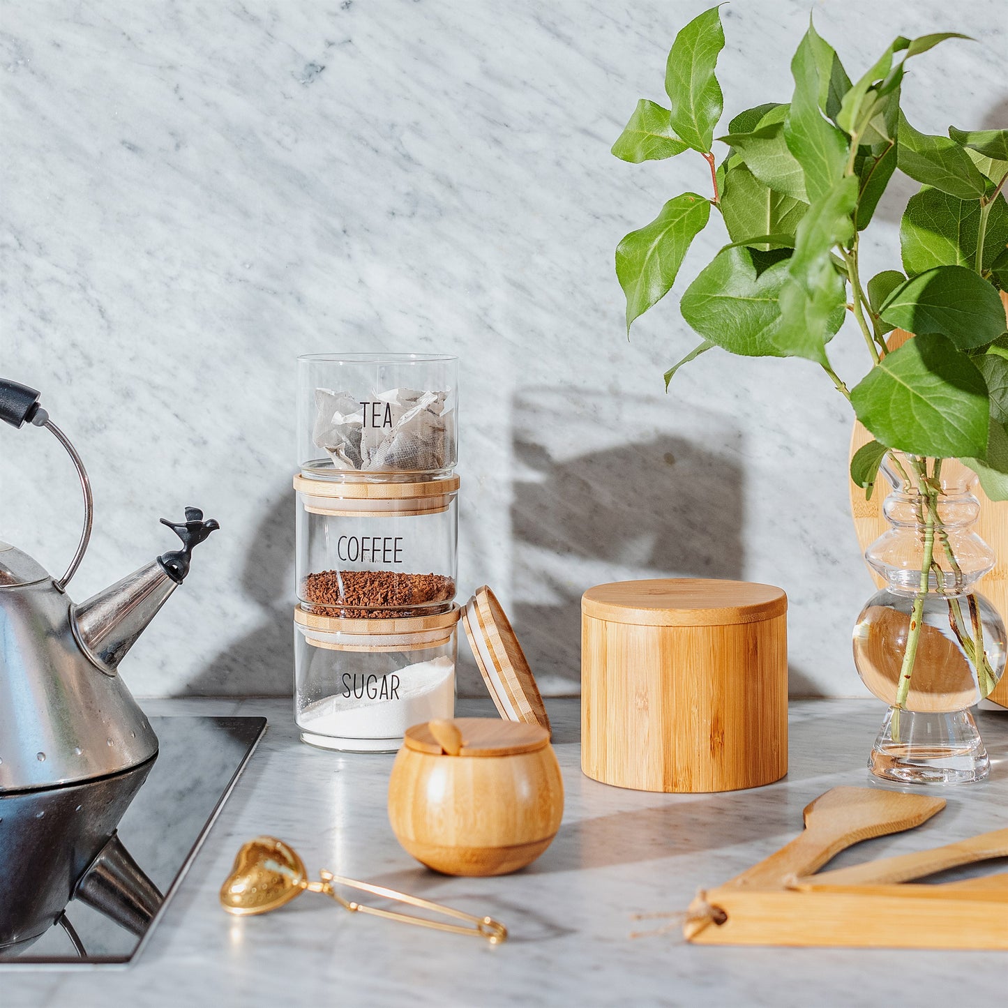 Stacking jars on a kitchen counter with natural light