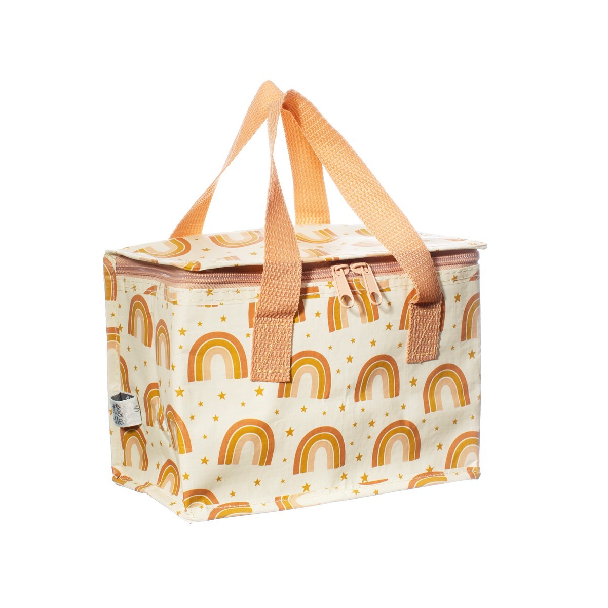 Side angled view of Earth Rainbow insulated lunch bag