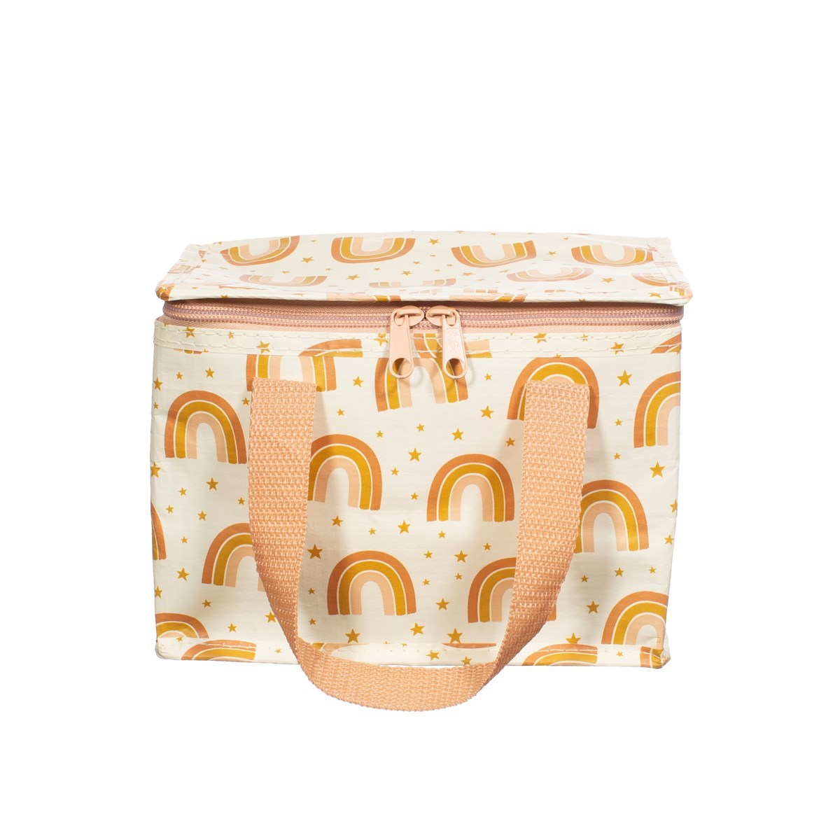Front-facing Sass & Belle pastel rainbow cooler bag