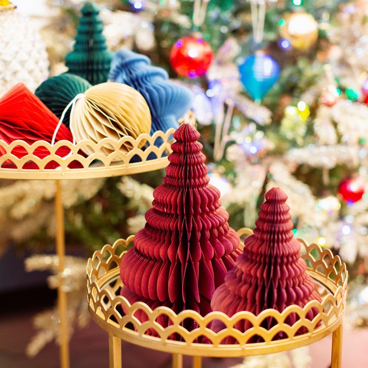 Crimson red honeycomb trees displayed on festive table – Sass & Belle Christmas décor