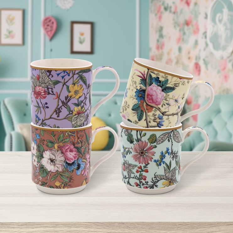 Close-up of William Kilburn floral patterned ceramic mugs – set of 4