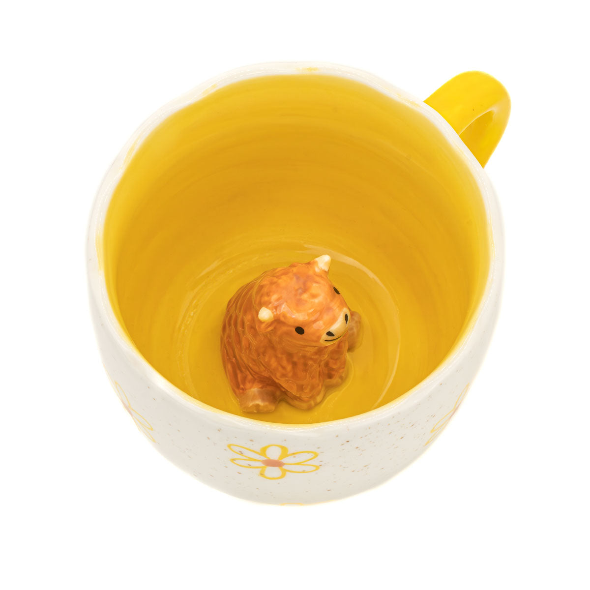 Sass & Belle Surprise Highland Cow Mug – hidden cow figurine inside yellow interior