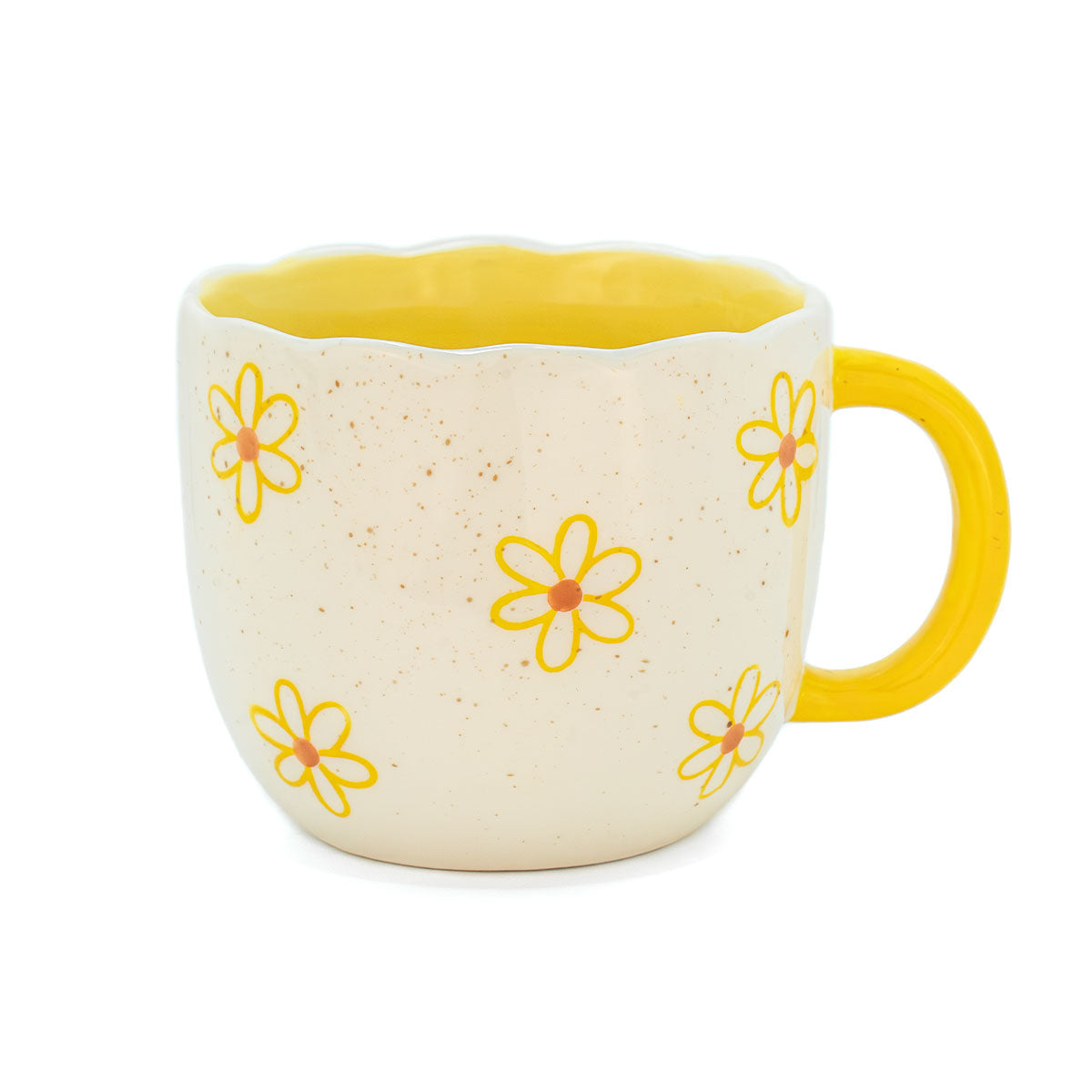 Floral ceramic mug with bright yellow handle and Highland cow surprise inside