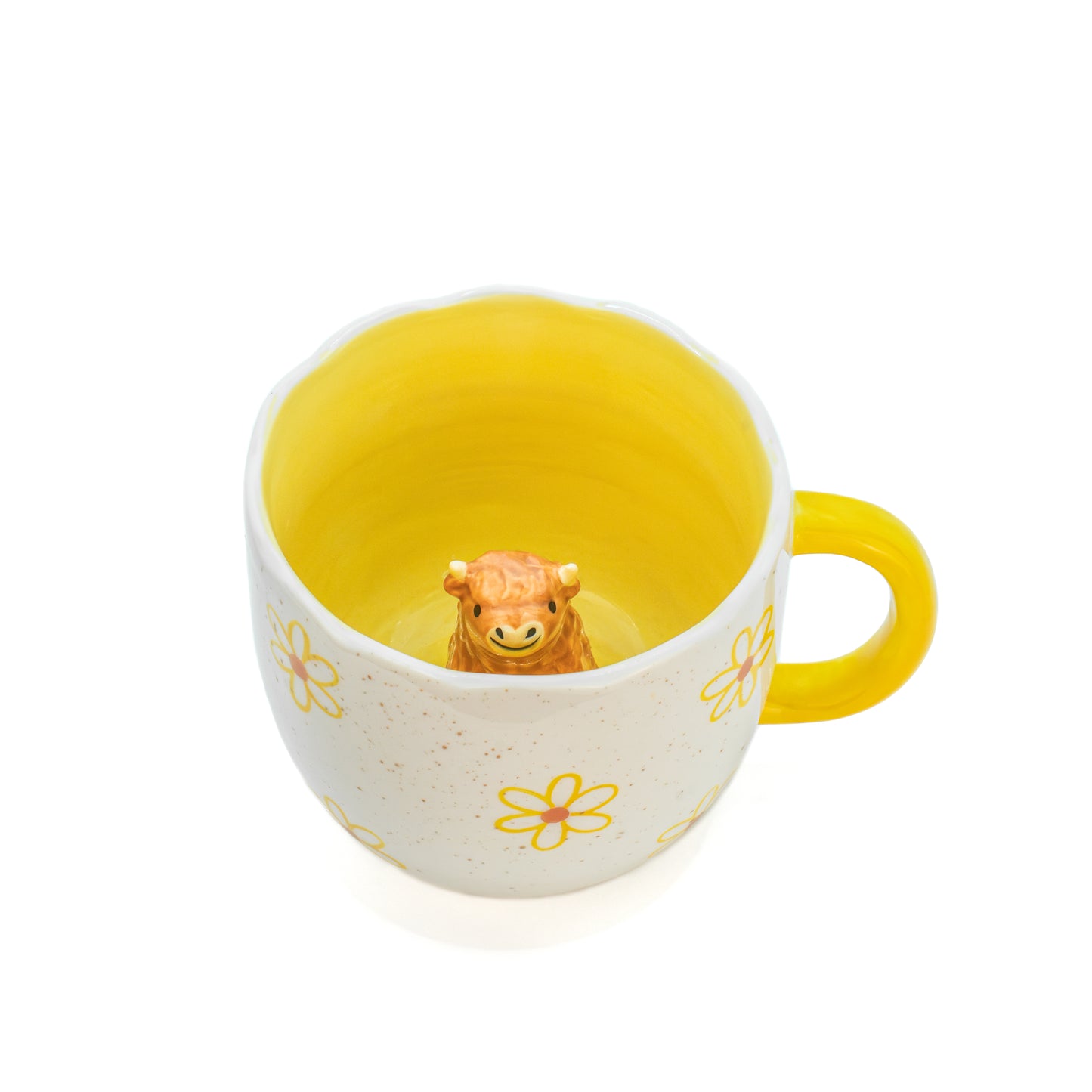 Top-down view of Surprise Highland Cow Mug revealing hidden ceramic cow