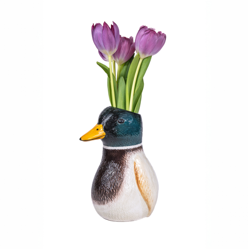 Sass & Belle Mallard Duck Shaped Vase with flowers – fun home décor accessory