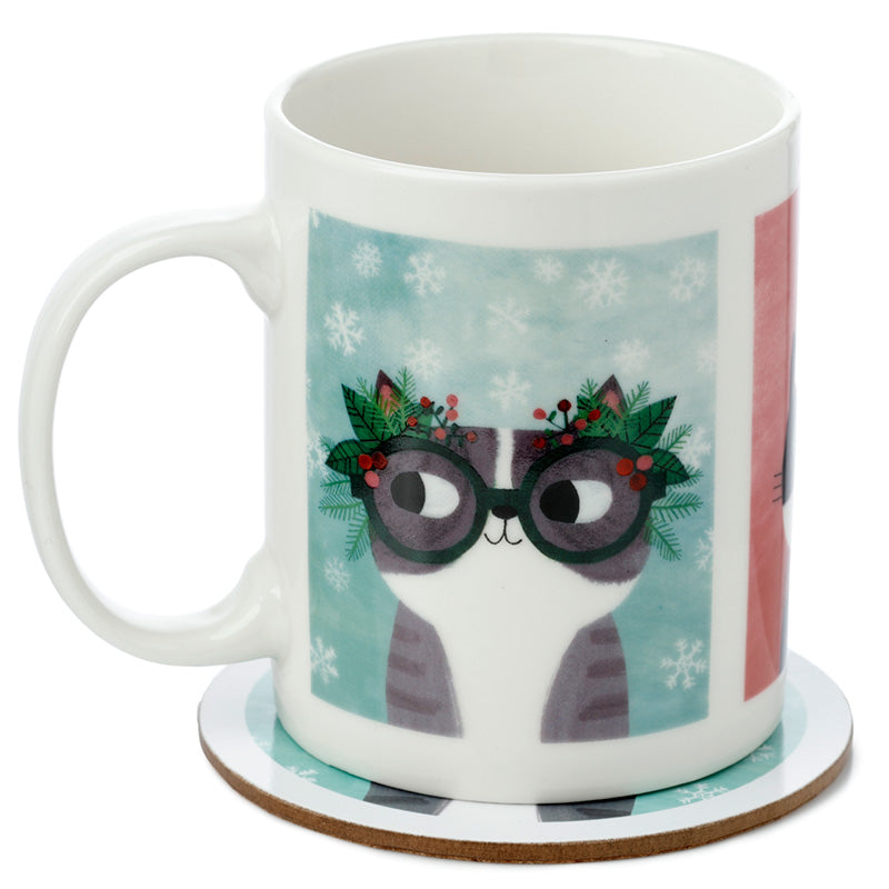 Puckator Angie Rozelaar Planet Cat Xmas Porcelain Mug & Coaster Set