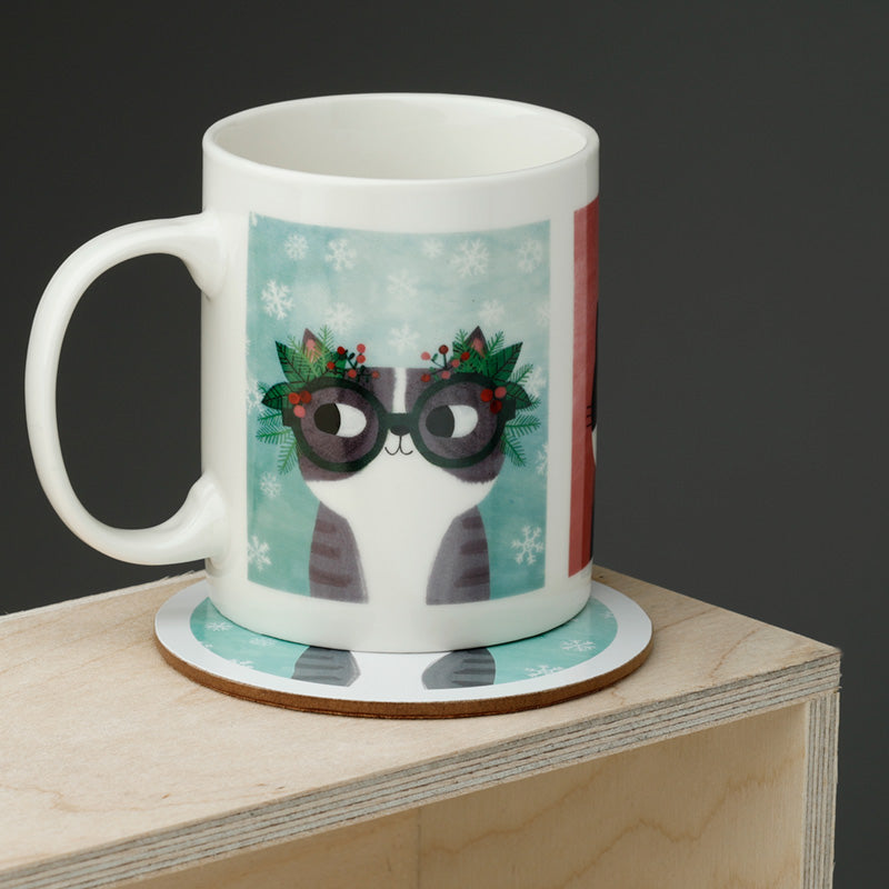 Puckator Angie Rozelaar Planet Cat Xmas Porcelain Mug & Coaster Set