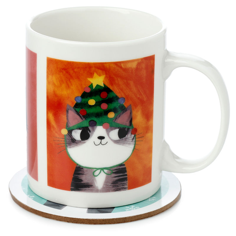 Puckator Angie Rozelaar Planet Cat Xmas Porcelain Mug & Coaster Set