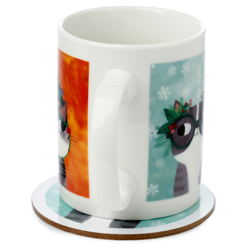Puckator Angie Rozelaar Planet Cat Xmas Porcelain Mug & Coaster Set