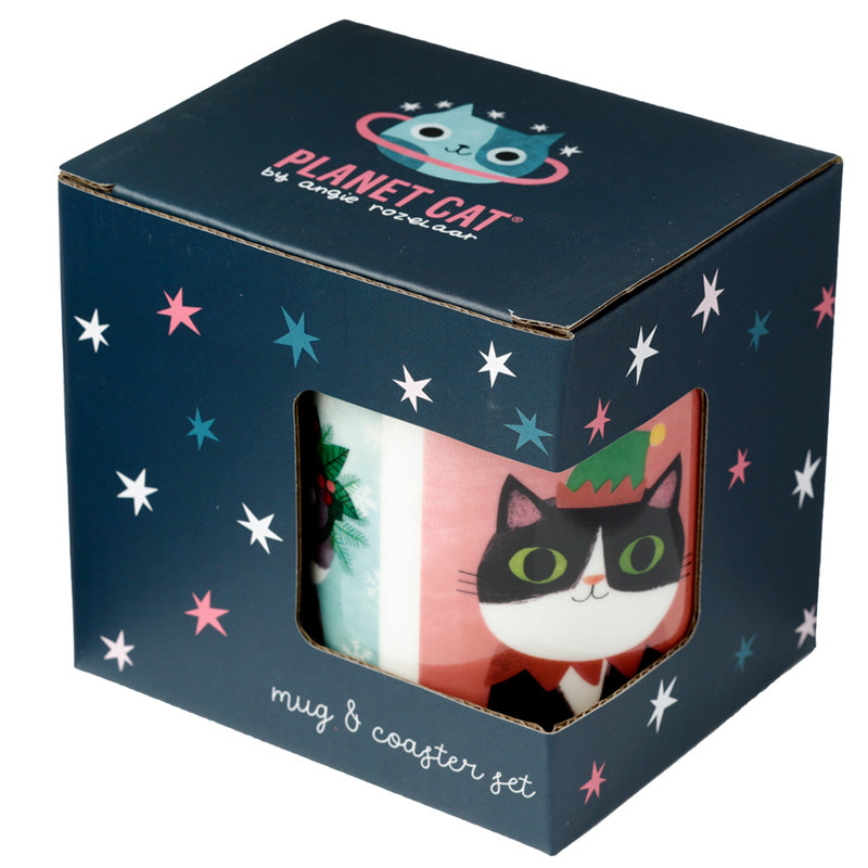 Puckator Angie Rozelaar Planet Cat Xmas Porcelain Mug & Coaster Set