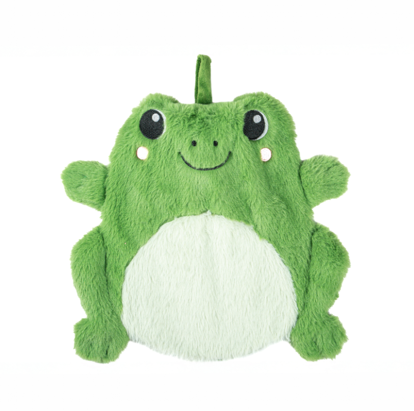 Sass & Belle Fergus Frog Hot Water Bottle with cute plush green frog design – front view